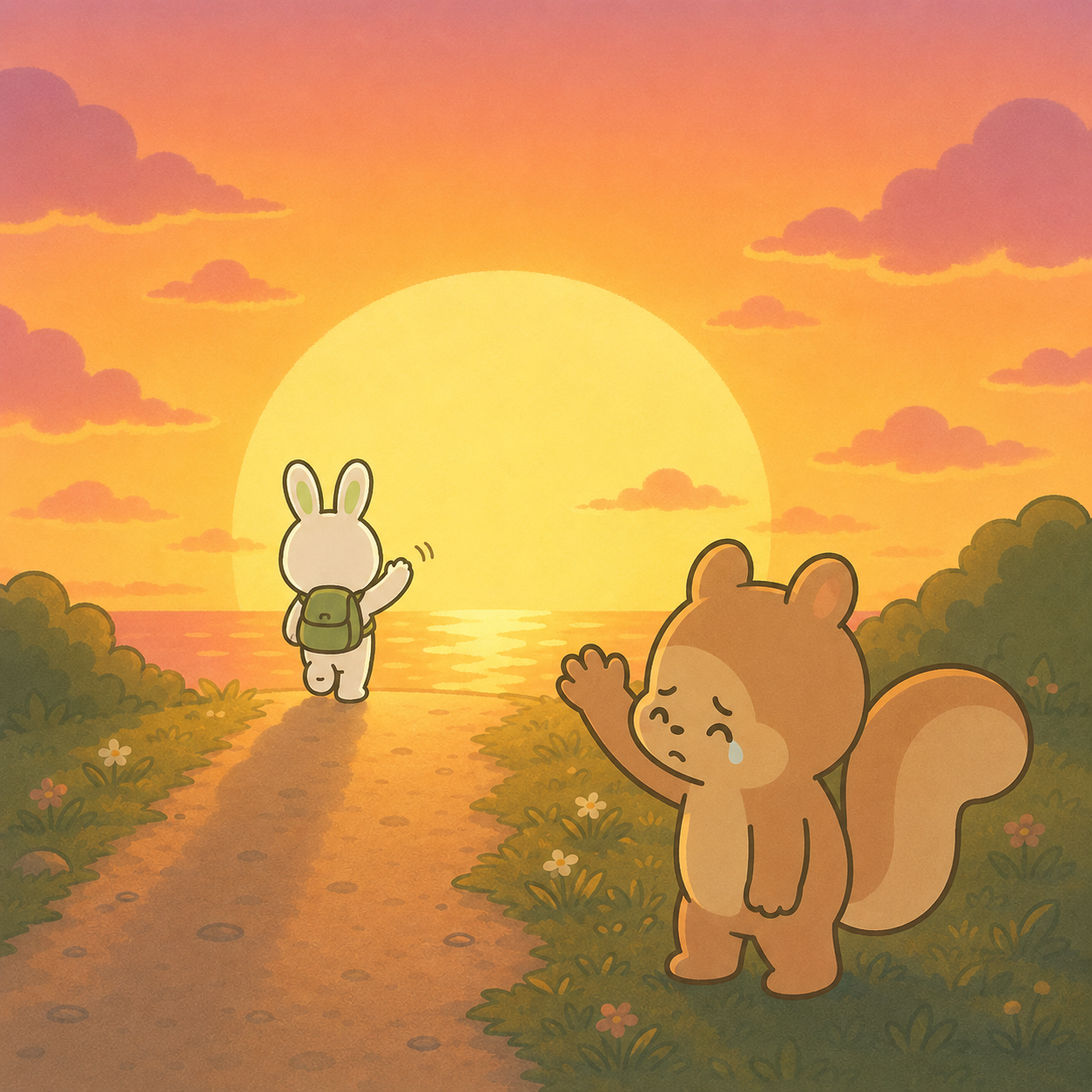 노을 지는 길 위에서 배낭을 멘 토끼가 손을 흔들며 떠나고, 다람쥐가 눈물을 흘리며 배웅하는 그림